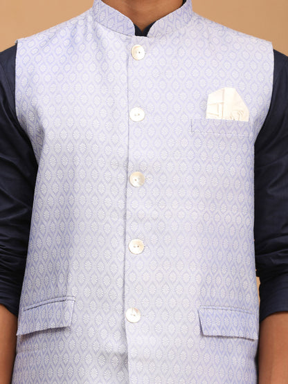 Vastramay mens lavender color cotton nehru jacket with navy blue kurta and white pyjama set