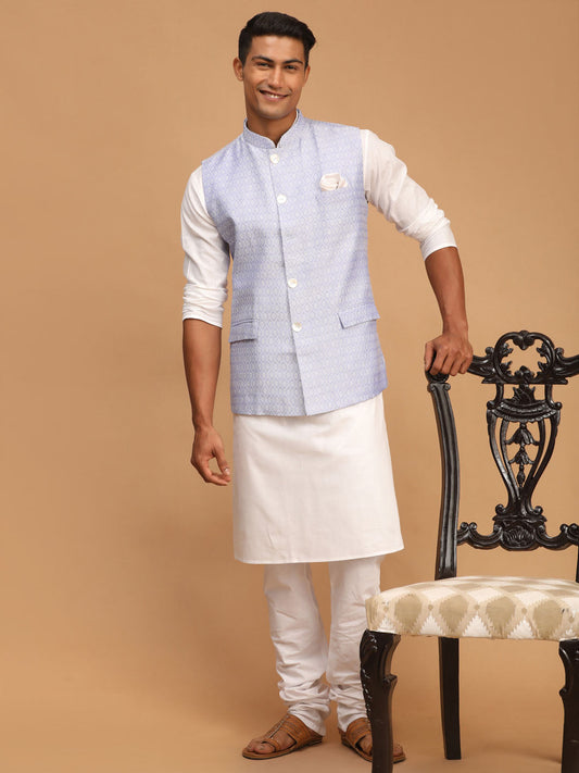 Vastramay mens lavender color cotton nehru jacket with white kurta and pyjama set