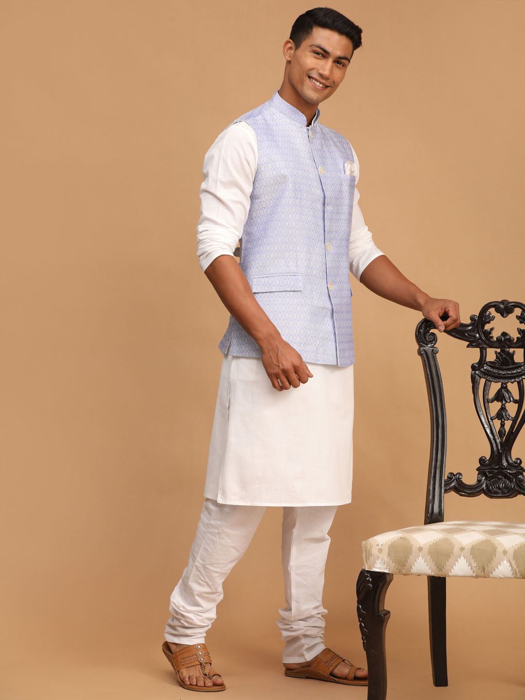 Vastramay mens lavender color cotton nehru jacket with white kurta and pyjama set