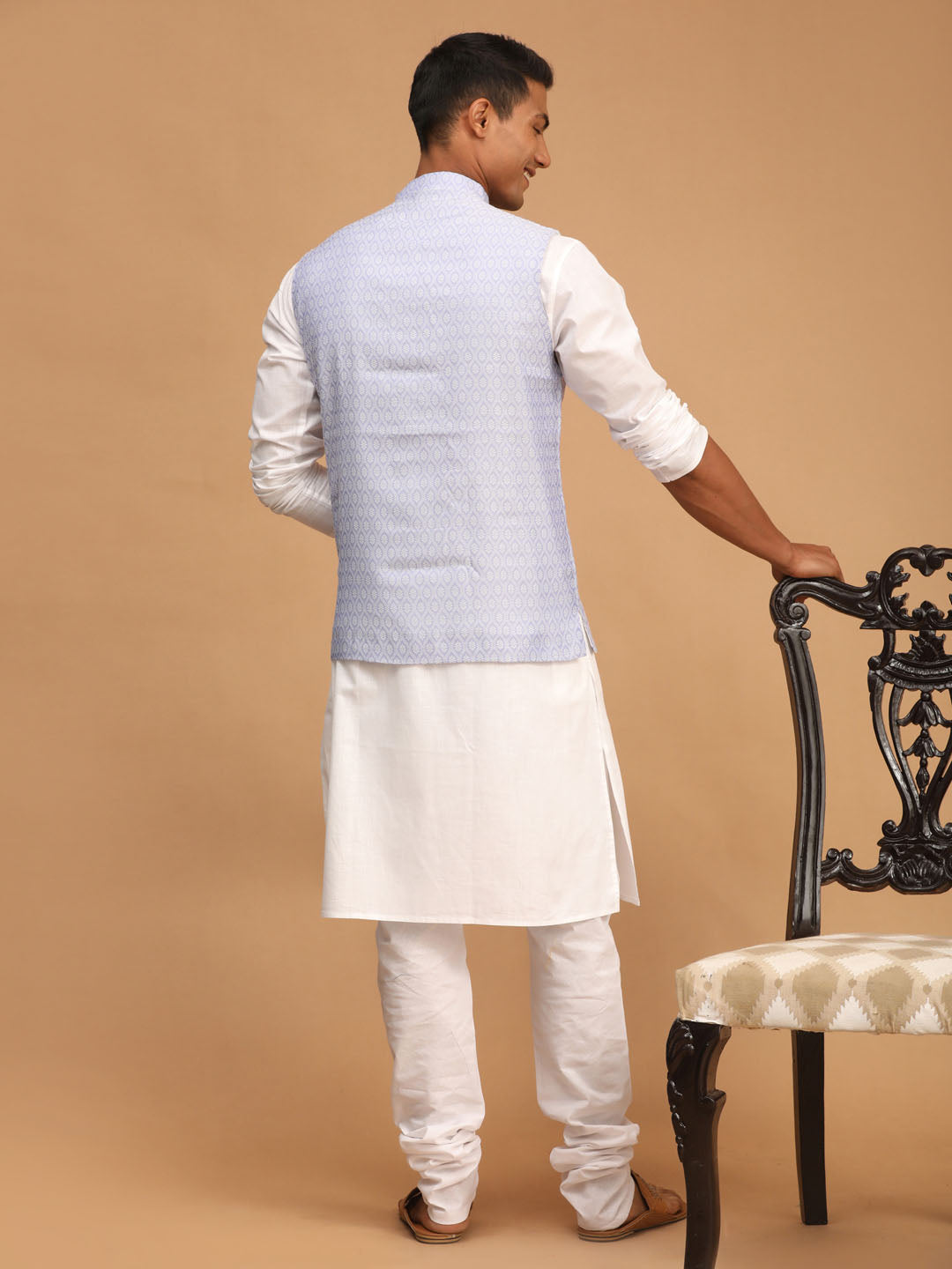 Vastramay mens lavender color cotton nehru jacket with white kurta and pyjama set