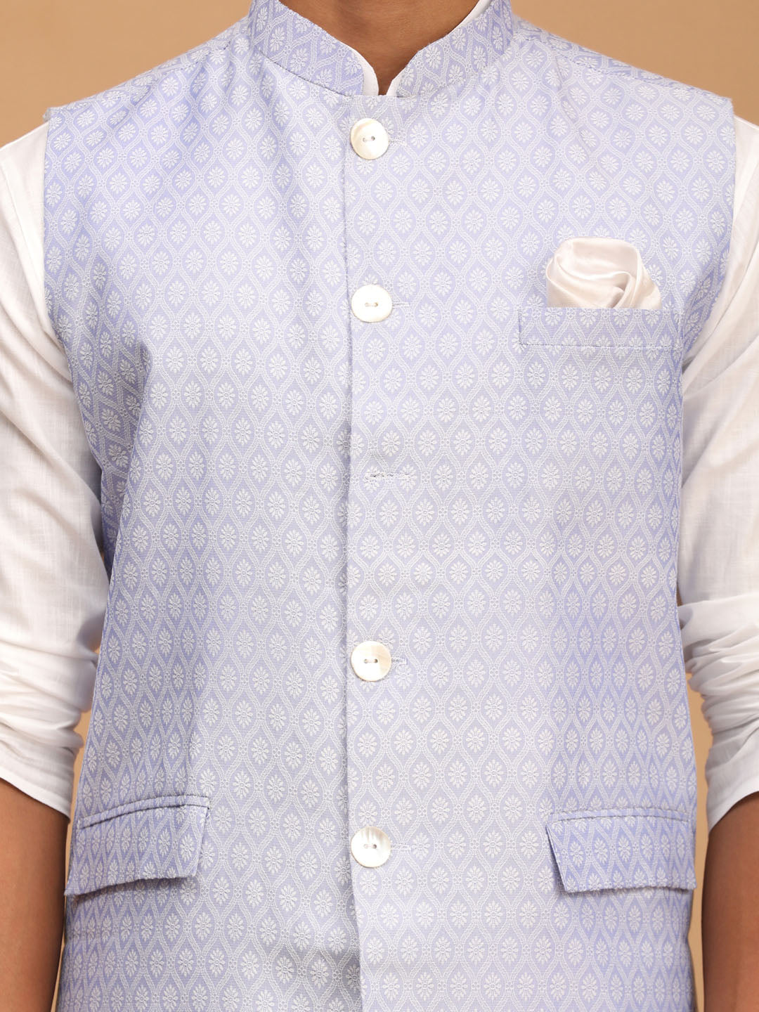 Vastramay mens lavender color cotton nehru jacket with white kurta and pyjama set