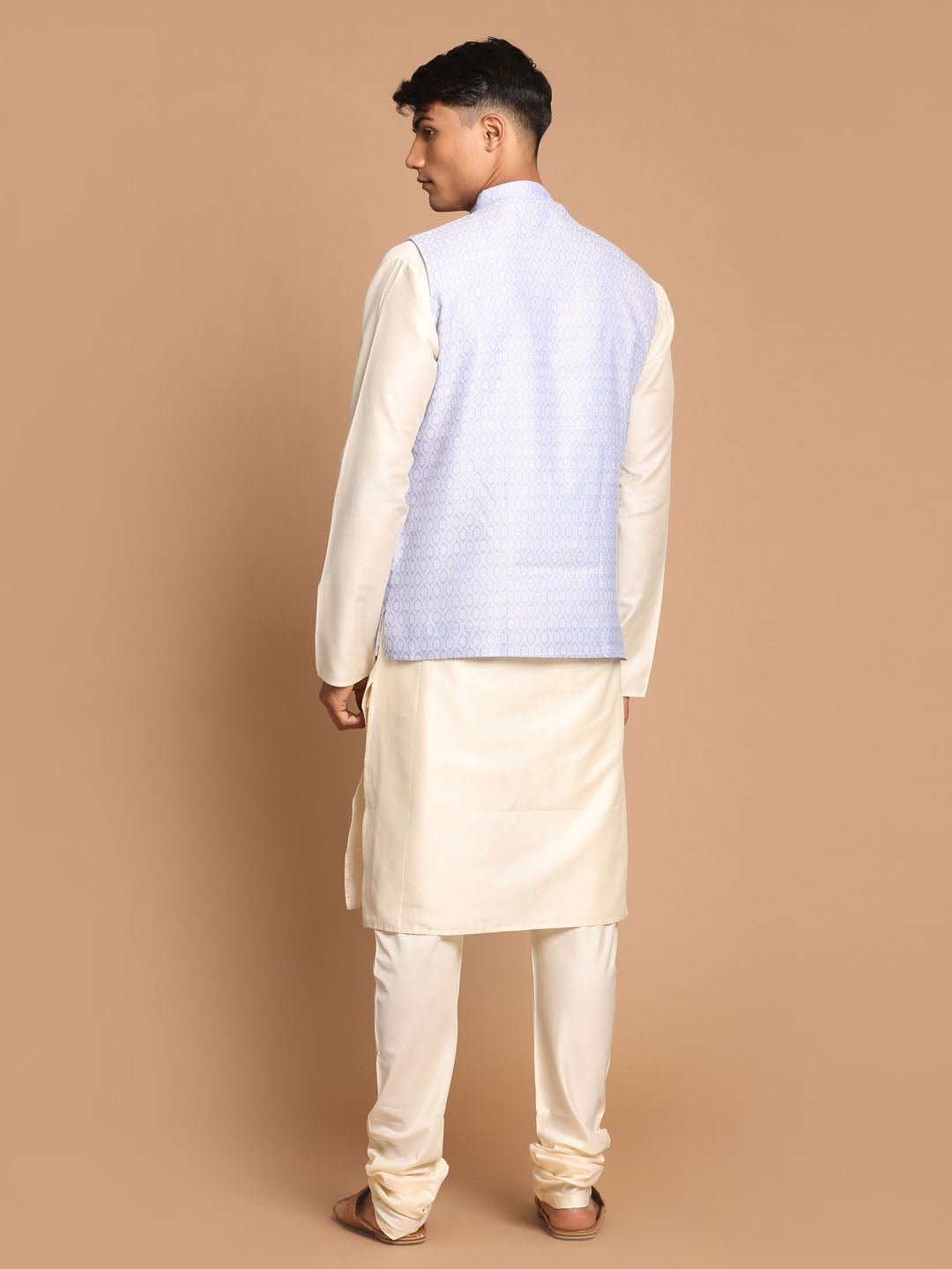 VASTRAMAY Lavender Woven Jacket With Cream Kurta and Pyjama Baap Beta Set