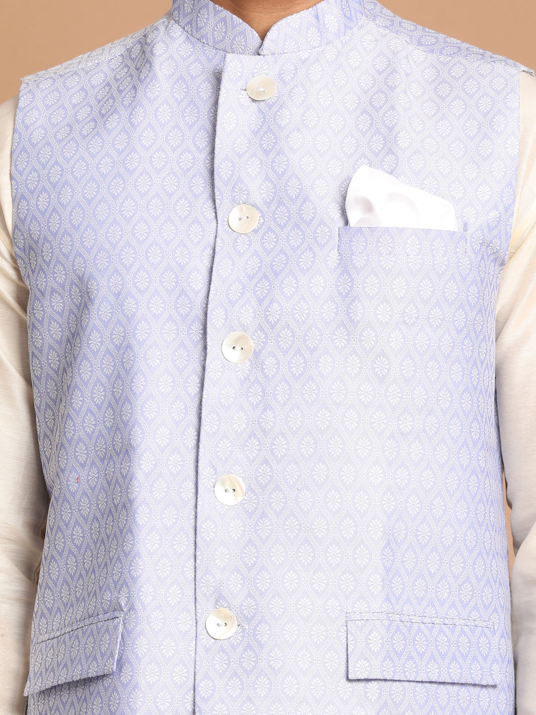 VASTRAMAY Lavender Woven Jacket With Cream Kurta and Pyjama Baap Beta Set