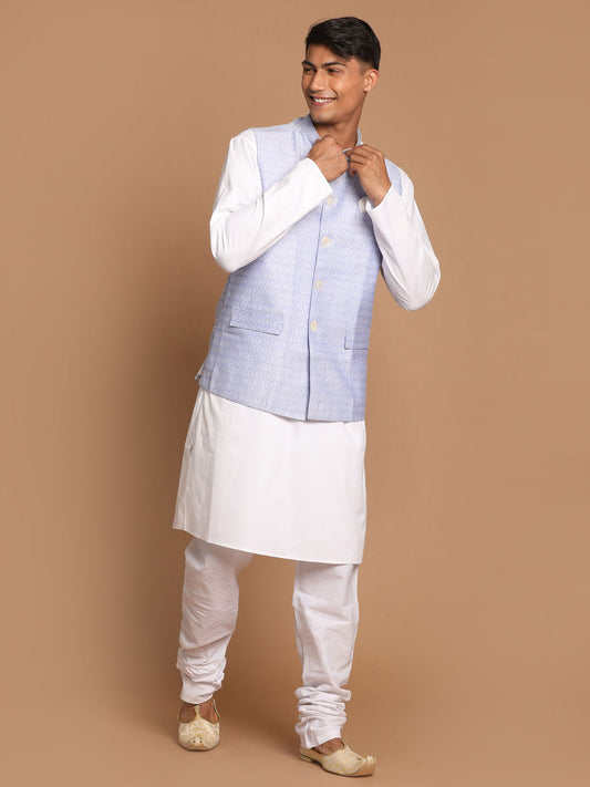 Vastramay Men's Light Blue Jacquard Nehru Jacket with Kurta Pyjama Set