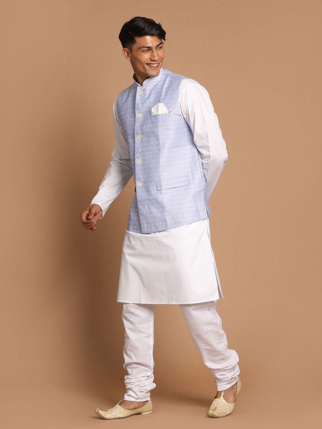 Vastramay Men's Light Blue Jacquard Nehru Jacket with Kurta Pyjama Set