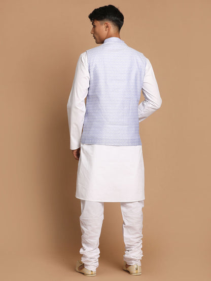 Vastramay Men's Light Blue Jacquard Nehru Jacket with Kurta Pyjama Set