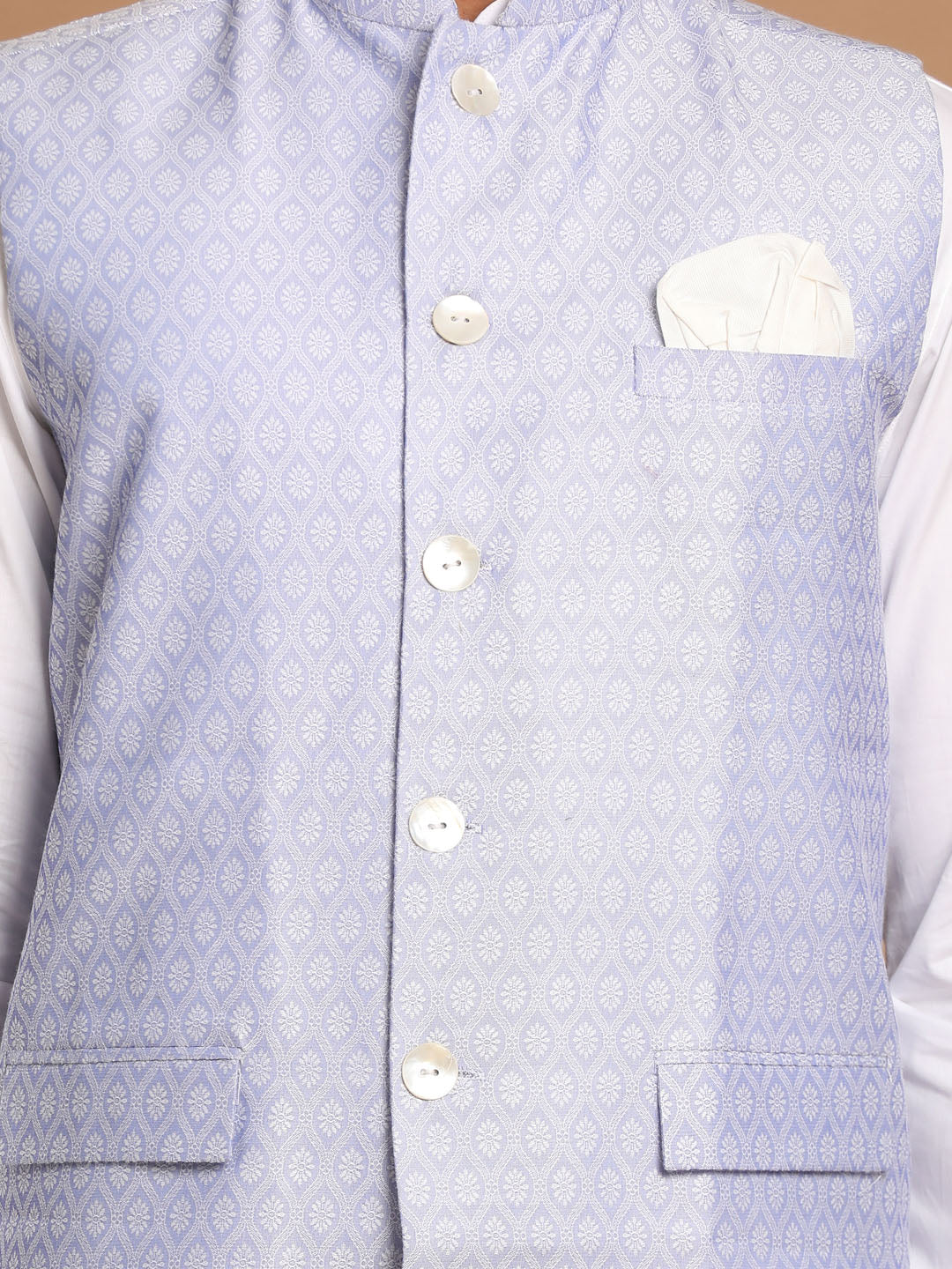 Vastramay Men's Light Blue Jacquard Nehru Jacket with Kurta Pyjama Set