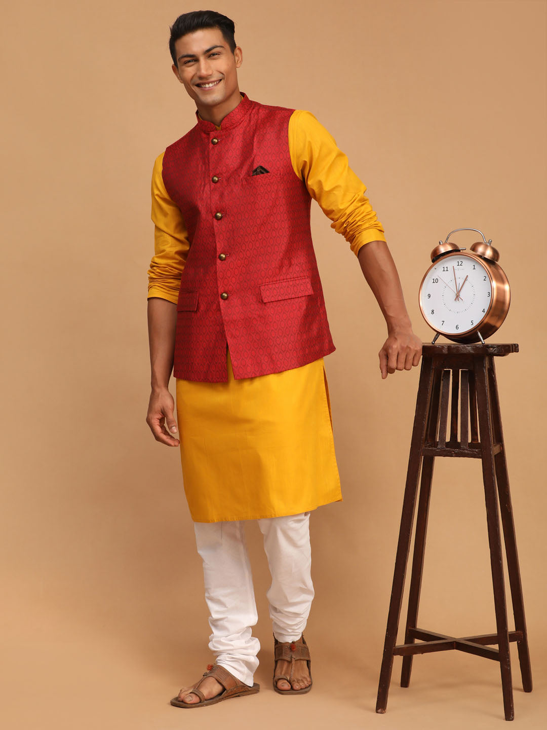 Vastramay mens maroon color cotton nehru jacket with mustard color kurta and white pyjama set