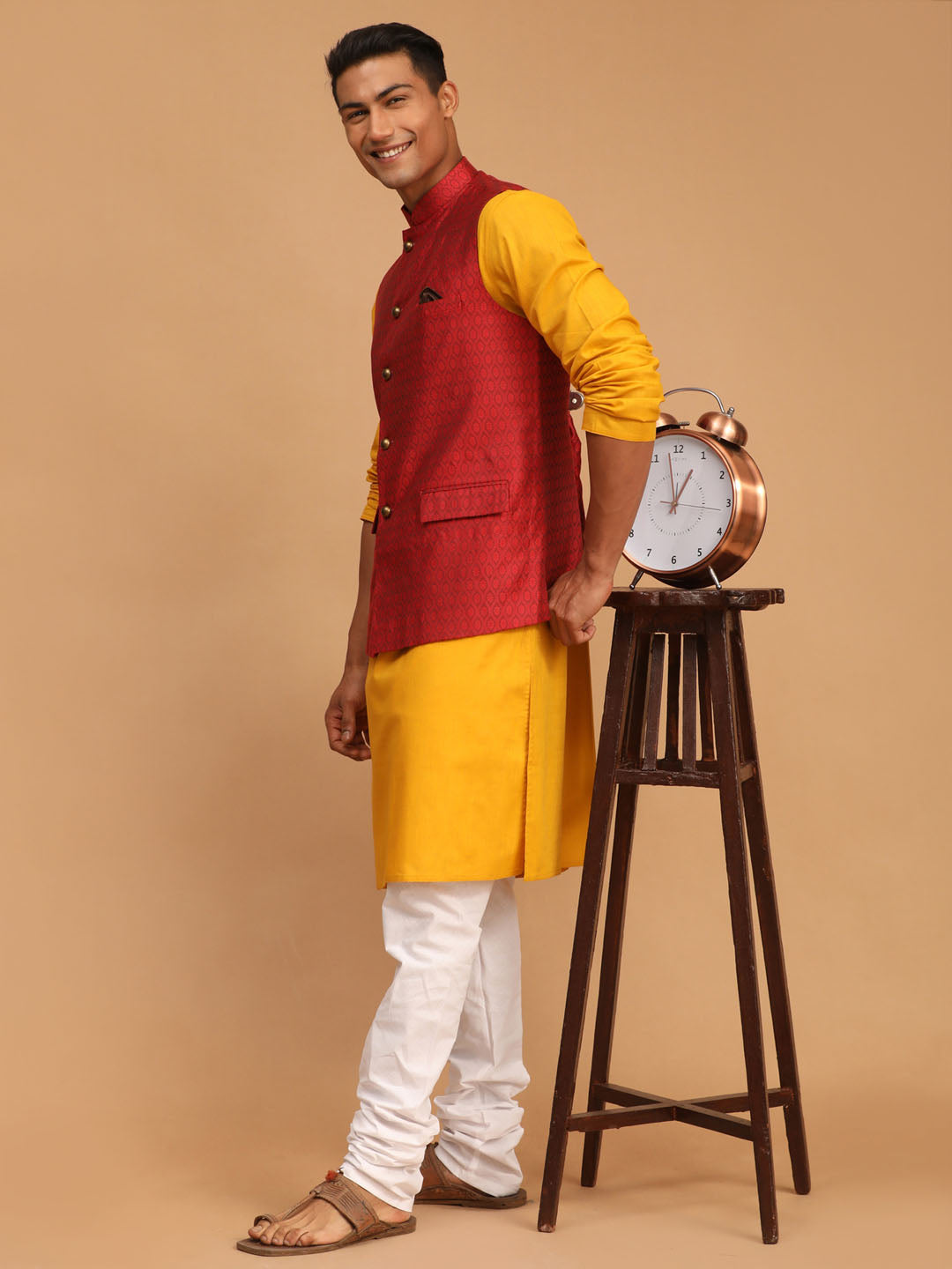 Vastramay mens maroon color cotton nehru jacket with mustard color kurta and white pyjama set