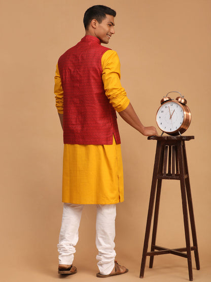 Vastramay mens maroon color cotton nehru jacket with mustard color kurta and white pyjama set