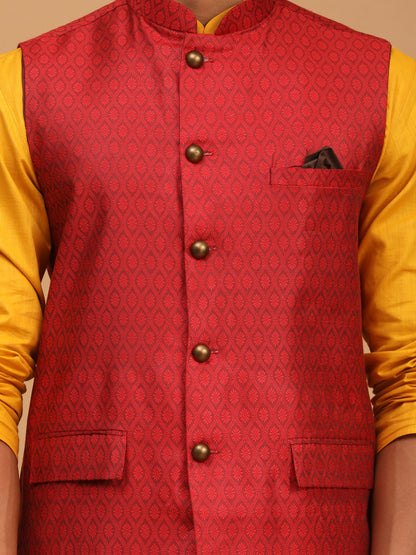 Vastramay mens maroon color cotton nehru jacket with mustard color kurta and white pyjama set