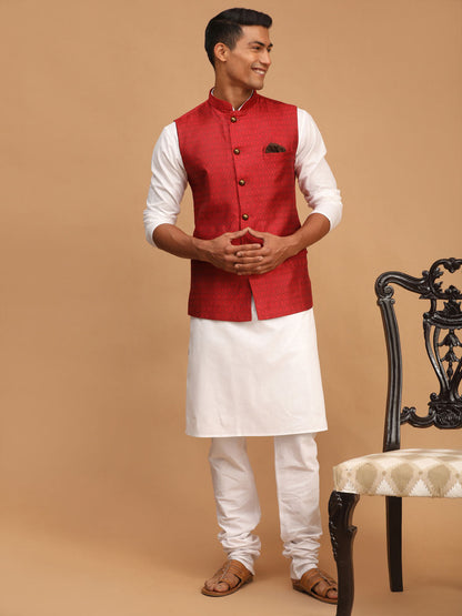 Vastramay mens maroon color cotton nehru jacket with white kurta and pyjama set