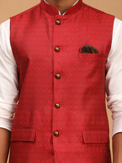 Vastramay mens maroon color cotton nehru jacket with white kurta and pyjama set