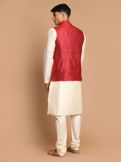 VASTRAMAY Maroon Woven Jacket With Cream Kurta and Pyjama Baap Beta Set