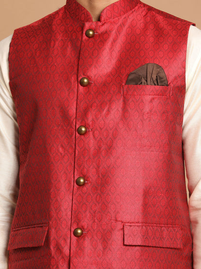 VASTRAMAY Maroon Woven Jacket With Cream Kurta and Pyjama Baap Beta Set