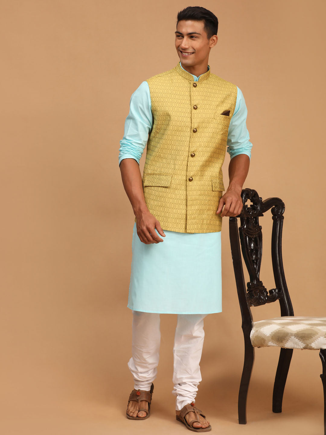 Vastramay mens yellow color cotton nehru jacket with aqua blue kurta and white pyjama set