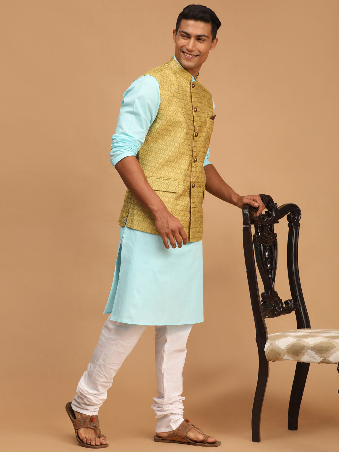 Vastramay mens yellow color cotton nehru jacket with aqua blue kurta and white pyjama set