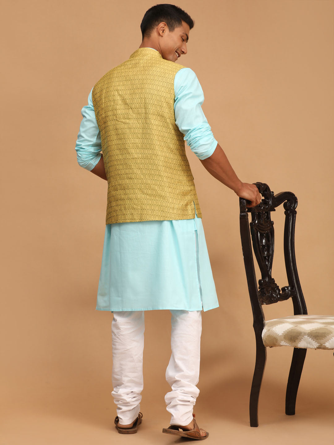 Vastramay mens yellow color cotton nehru jacket with aqua blue kurta and white pyjama set