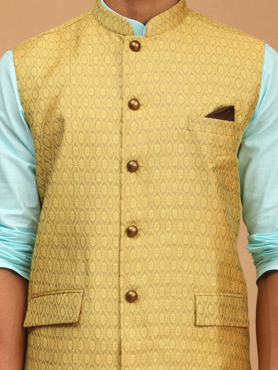 Vastramay mens yellow color cotton nehru jacket with aqua blue kurta and white pyjama set