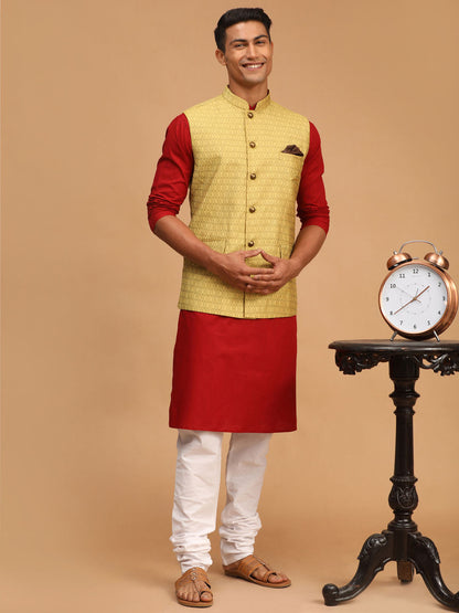 Vastramay mens yellow color cotton nehru jacket with maroon color kurta and white pyjama set