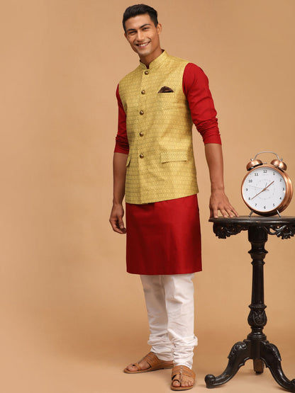 Vastramay mens yellow color cotton nehru jacket with maroon color kurta and white pyjama set