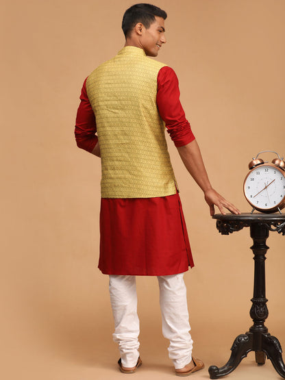 Vastramay mens yellow color cotton nehru jacket with maroon color kurta and white pyjama set