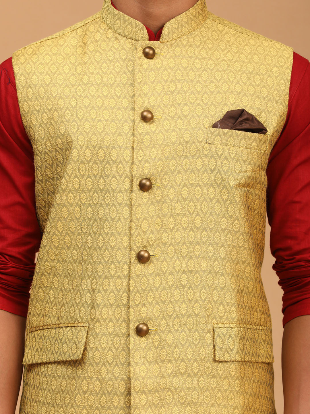 Vastramay mens yellow color cotton nehru jacket with maroon color kurta and white pyjama set