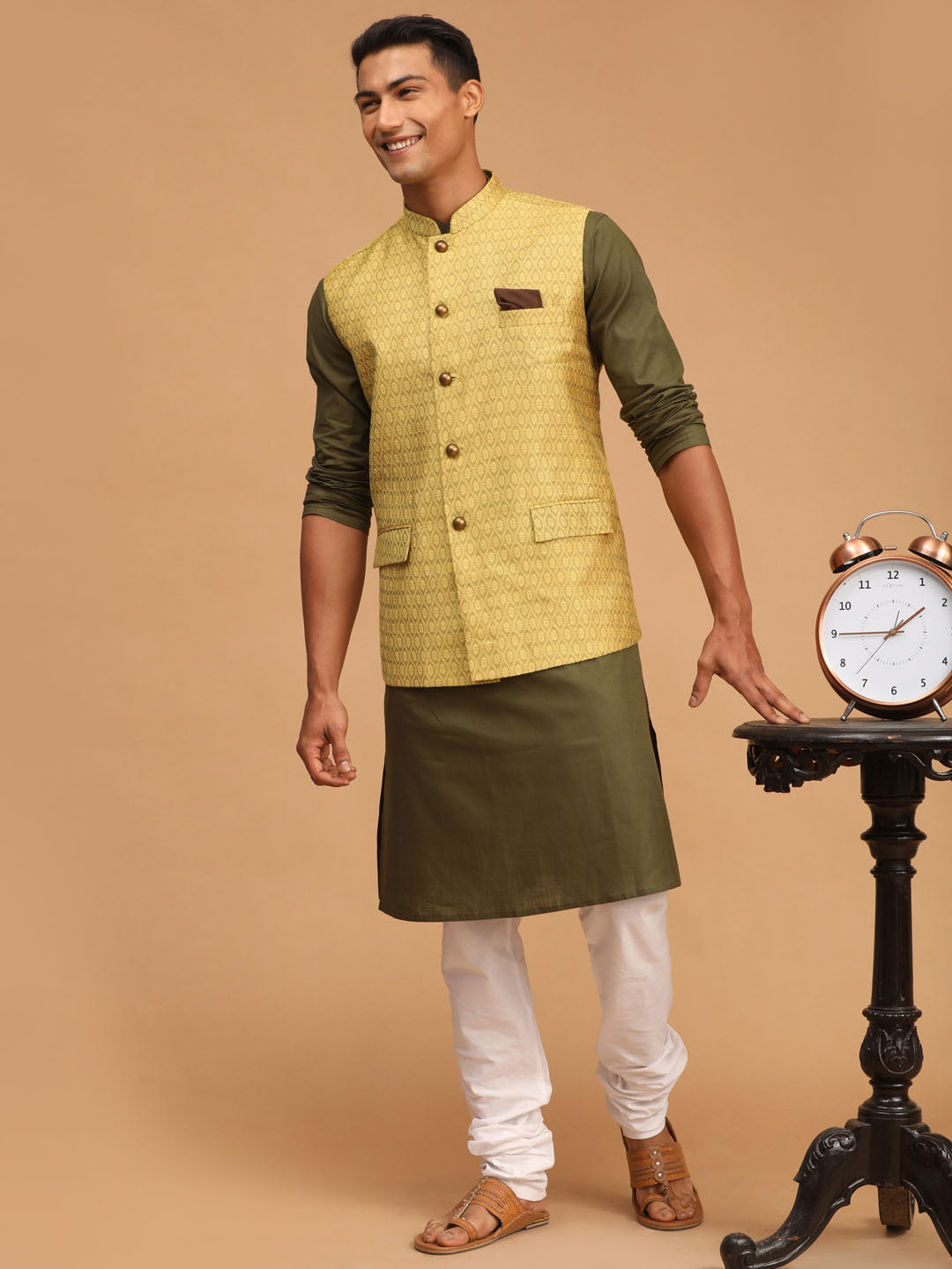 Vastramay mens yellow color cotton nehru jacket with mehdi green kurta and white pyjama set