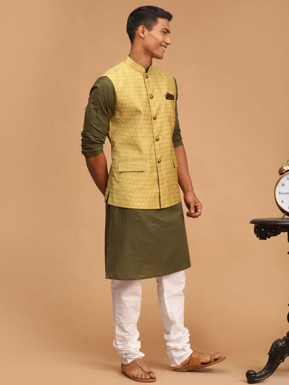 Vastramay mens yellow color cotton nehru jacket with mehdi green kurta and white pyjama set