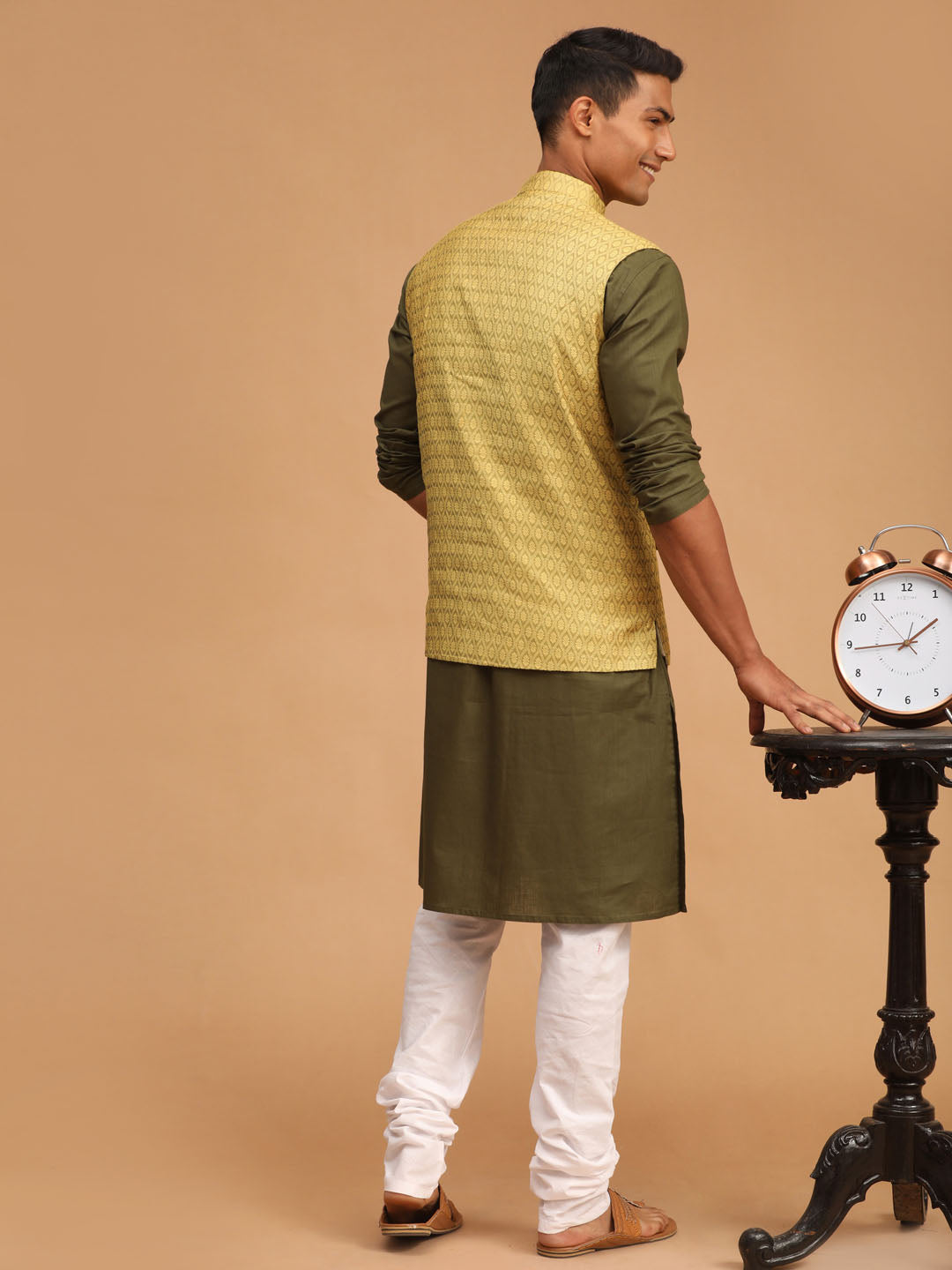 Vastramay mens yellow color cotton nehru jacket with mehdi green kurta and white pyjama set