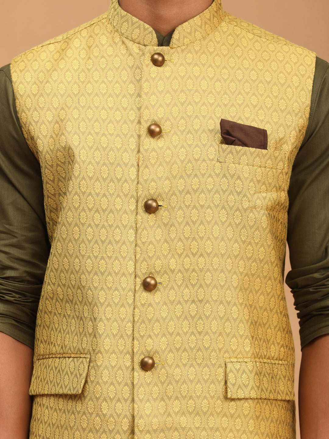 Vastramay mens yellow color cotton nehru jacket with mehdi green kurta and white pyjama set