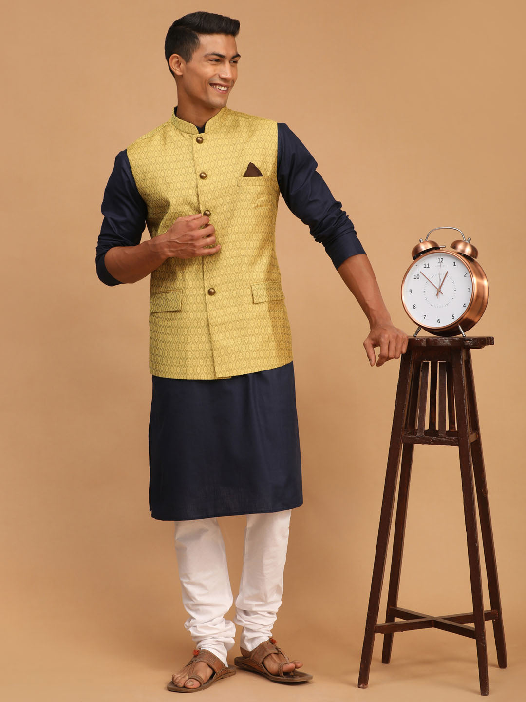 Vastramay mens yellow color cotton nehru jacket with navy blue kurta and white pyjama set