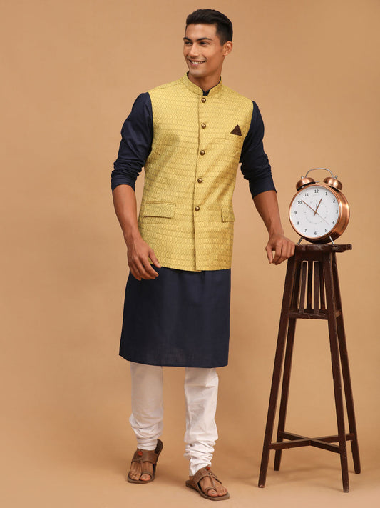 Vastramay mens yellow color cotton nehru jacket with navy blue kurta and white pyjama set