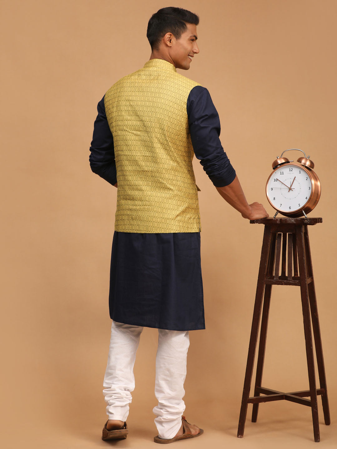 Vastramay mens yellow color cotton nehru jacket with navy blue kurta and white pyjama set