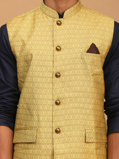 Vastramay mens yellow color cotton nehru jacket with navy blue kurta and white pyjama set