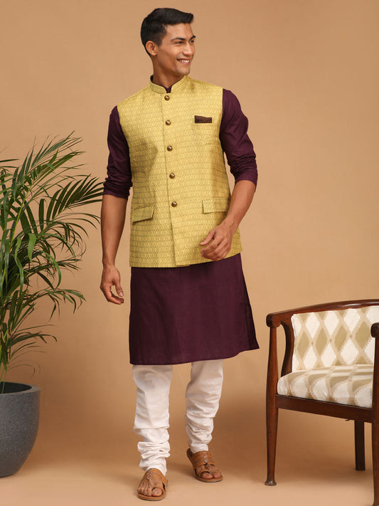 Vastramay mens yellow color cotton nehru jacket with purple color kurta and white pyjama set