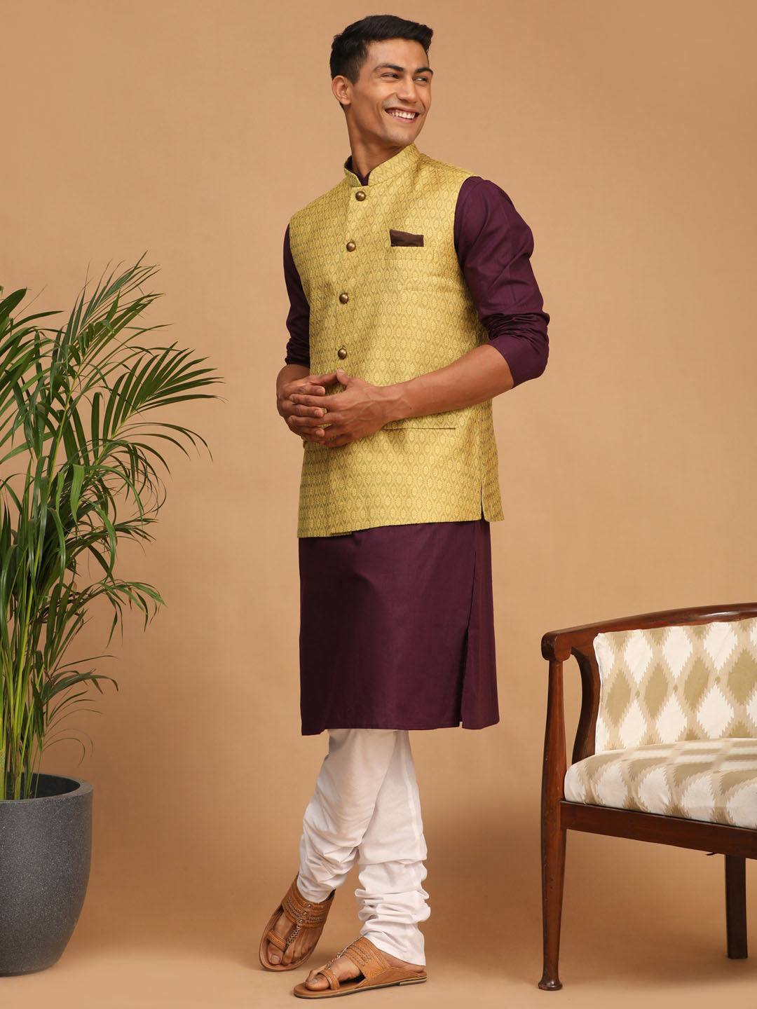 Vastramay mens yellow color cotton nehru jacket with purple color kurta and white pyjama set