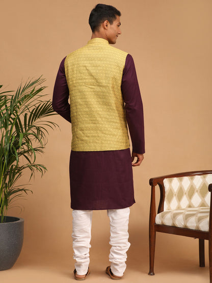 Vastramay mens yellow color cotton nehru jacket with purple color kurta and white pyjama set