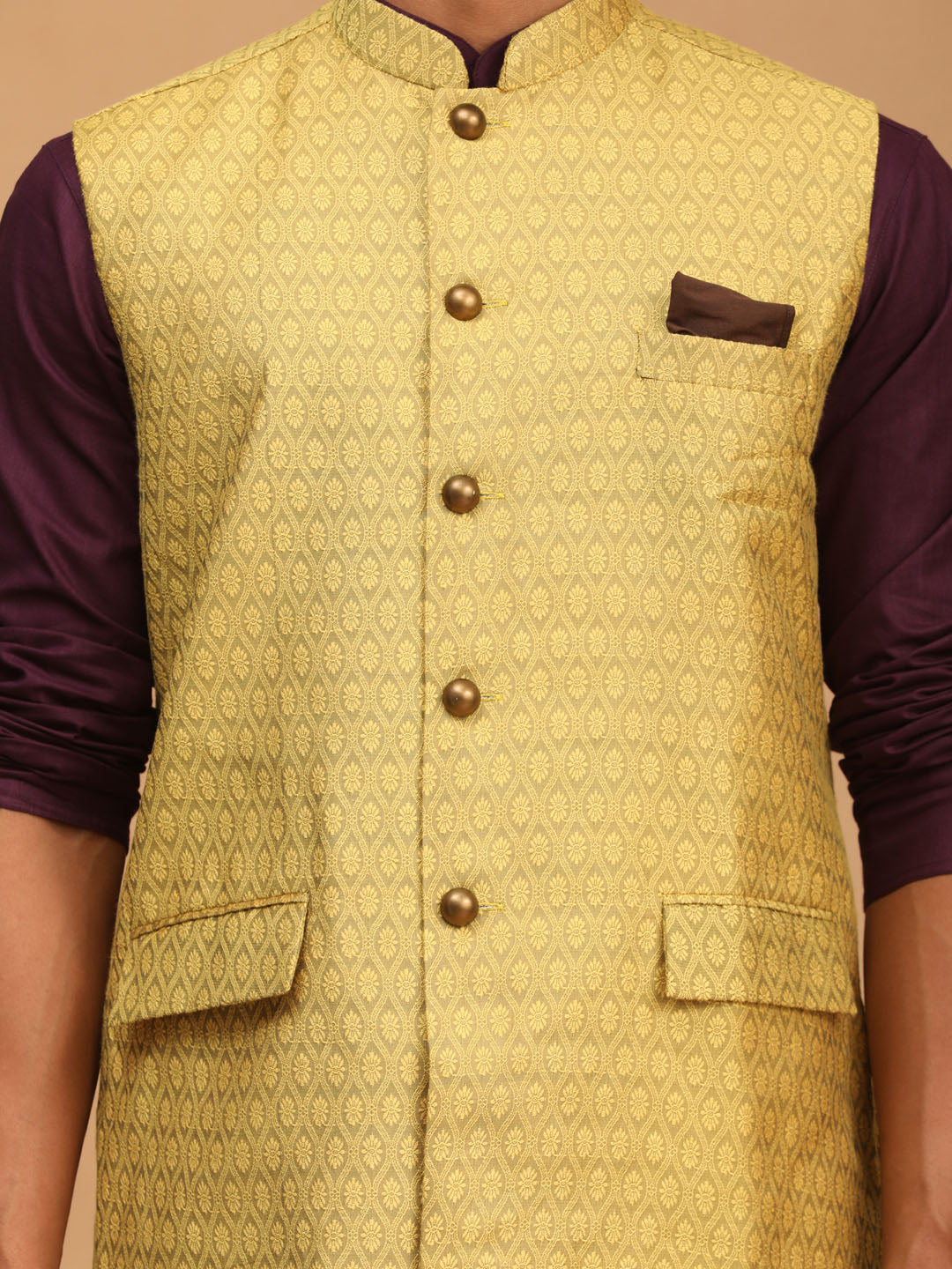 Vastramay mens yellow color cotton nehru jacket with purple color kurta and white pyjama set