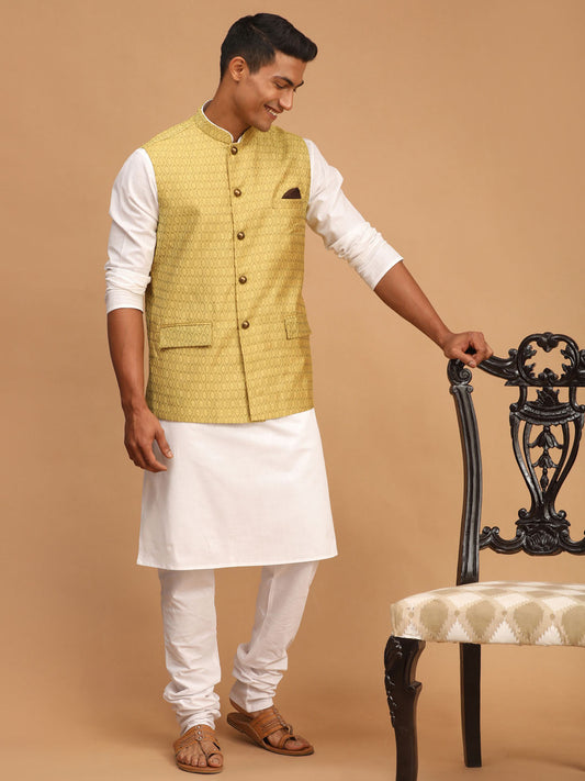 Vastramay mens yellow color cotton nehru jacket with white color kurta and white pyjama set