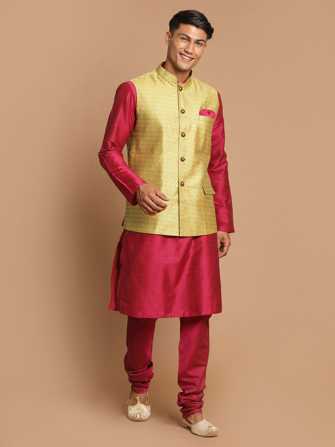 Vastramay Men's Yellow Jacquard Nehru Jacket with Kurta Pyjama Set