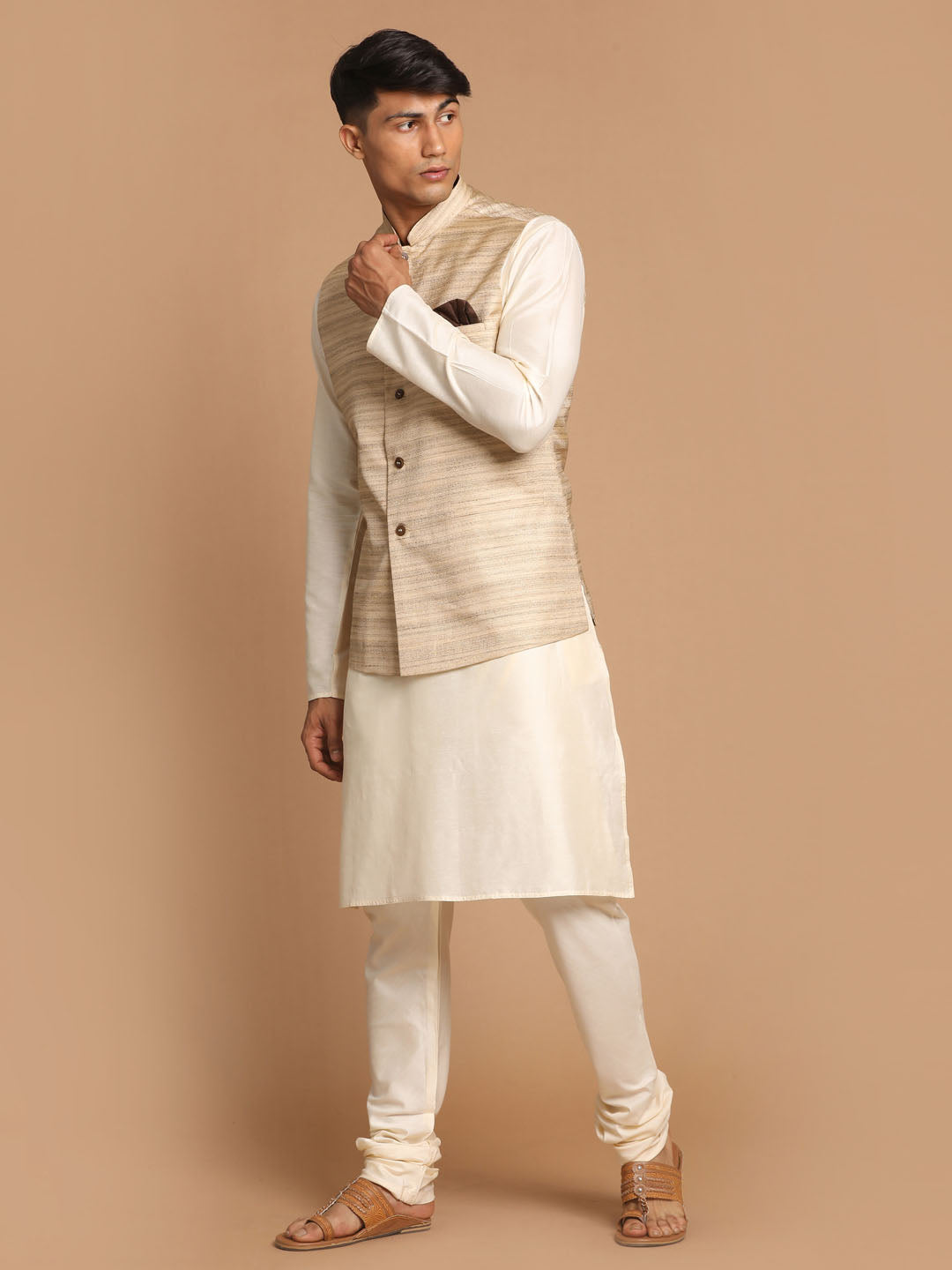 Vastramay Men's Beige Textured Slim-Fit Nehru Jacket With Cream Colored Kurta Pajama Set