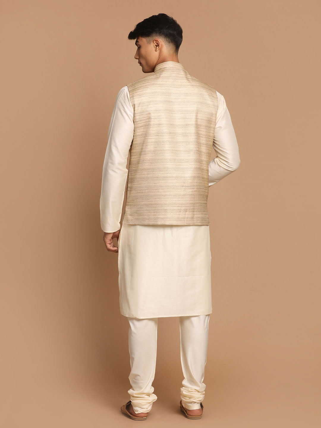 Vastramay Men's Beige Textured Slim-Fit Nehru Jacket With Cream Colored Kurta Pajama Set