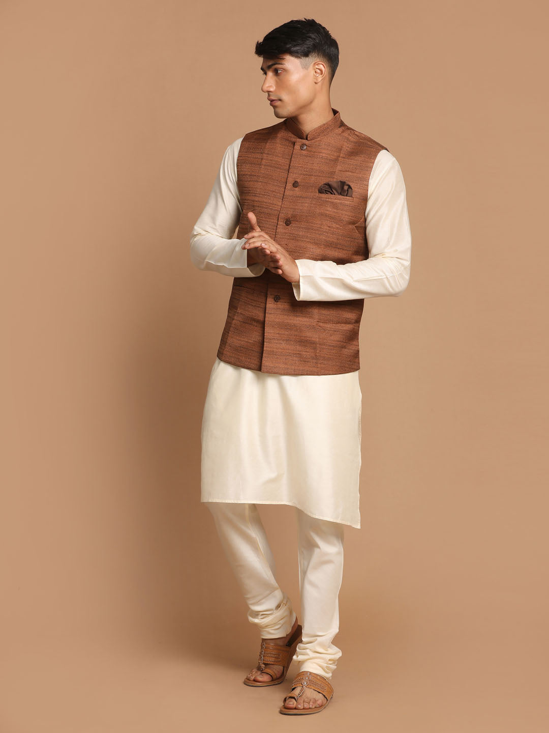 Vastramay Men's Coffee Brown Nehru Jacket With Cream Solid Kurta And Pyjama Set