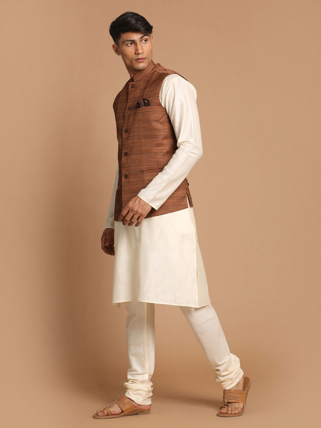 Vastramay Men's Coffee Brown Nehru Jacket With Cream Solid Kurta And Pyjama Set