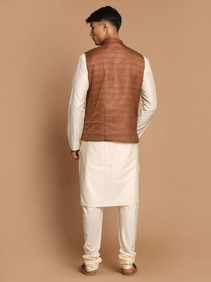 Vastramay Men's Coffee Brown Nehru Jacket With Cream Solid Kurta And Pyjama Set