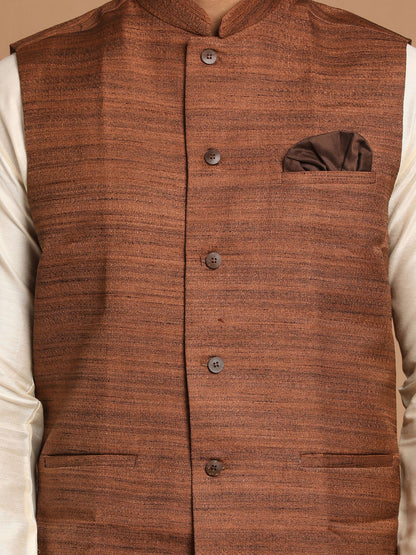 Vastramay Men's Coffee Brown Nehru Jacket With Cream Solid Kurta And Pyjama Set