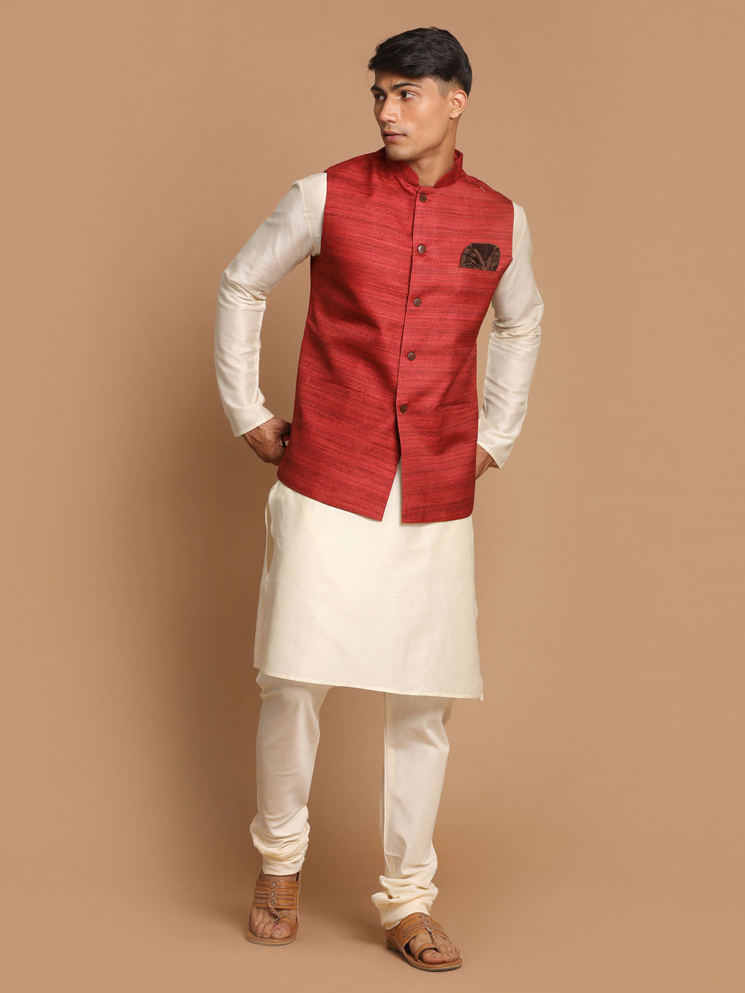 Vastramay Men's Maroon Textured Nehru Jacket With Cream Kurta and Pyjama Set