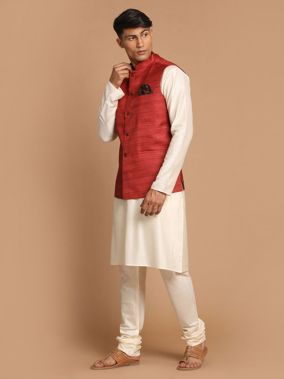 Vastramay Men's Maroon Textured Nehru Jacket With Cream Kurta and Pyjama Set