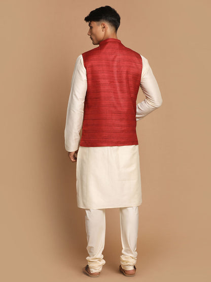 Vastramay Men's Maroon Textured Nehru Jacket With Cream Kurta and Pyjama Set